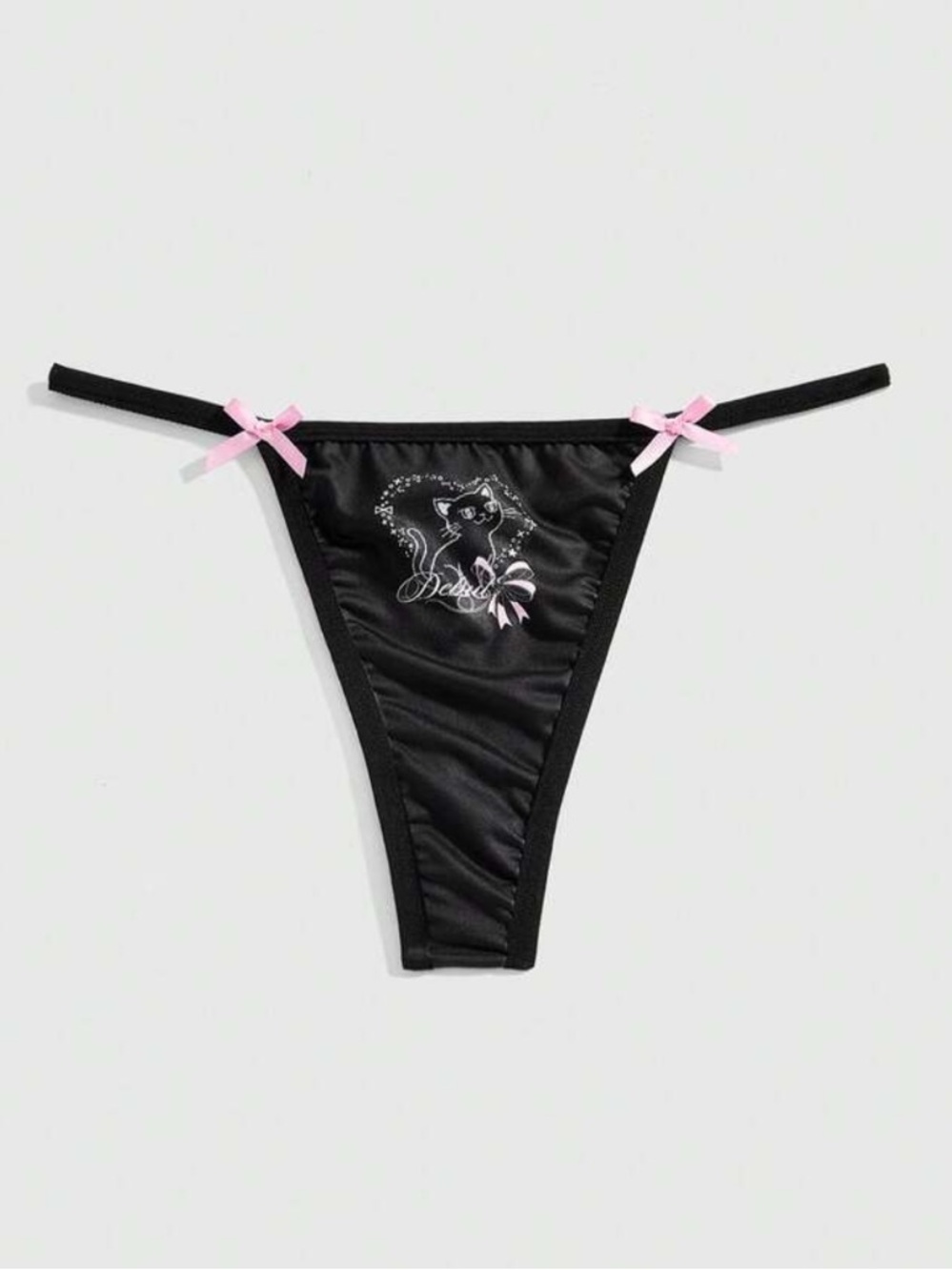Black Satin Thong with Pink Bow Accents